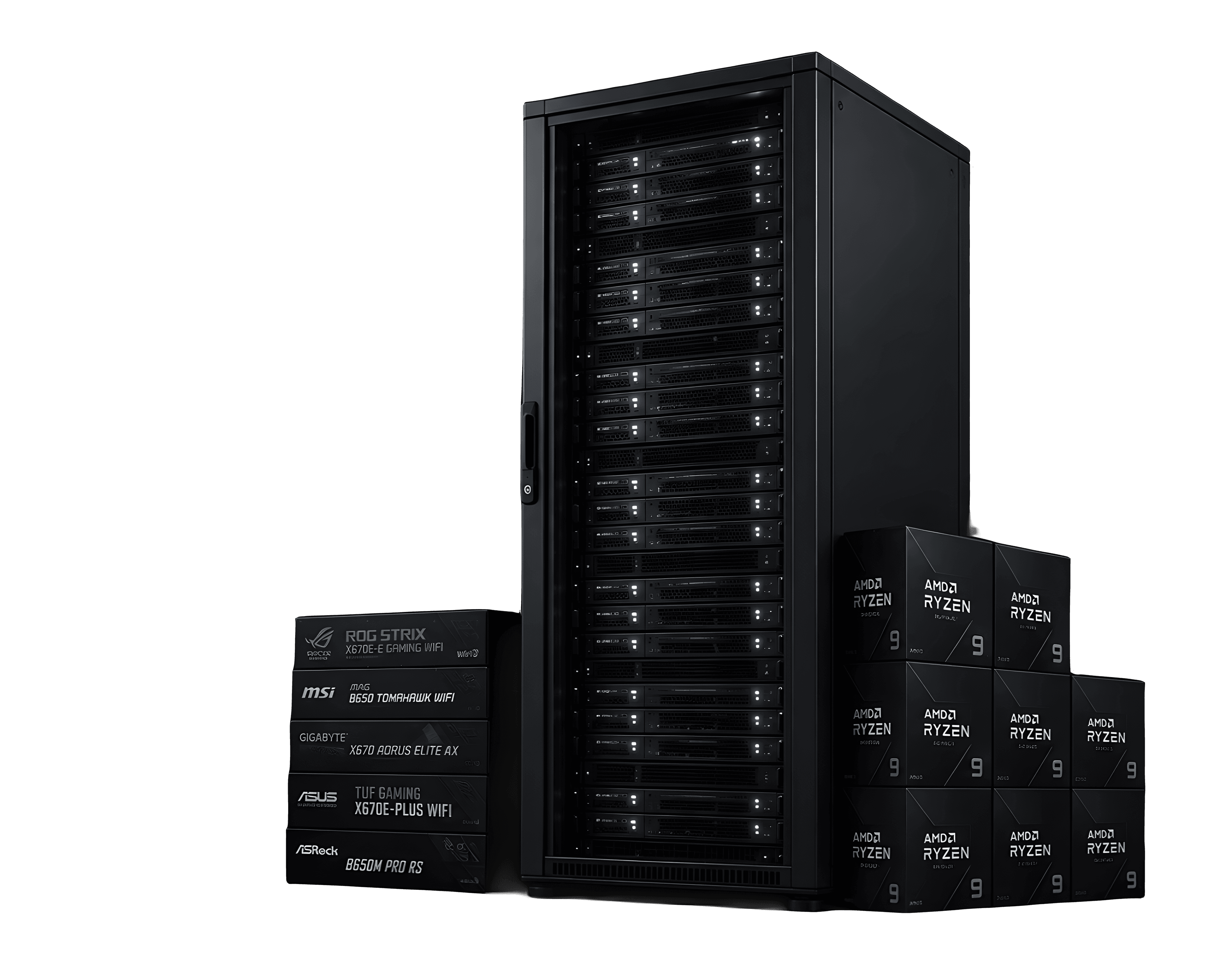 Rack de servidores HitoHost equipado com processadores AMD Ryzen 9 5900XT